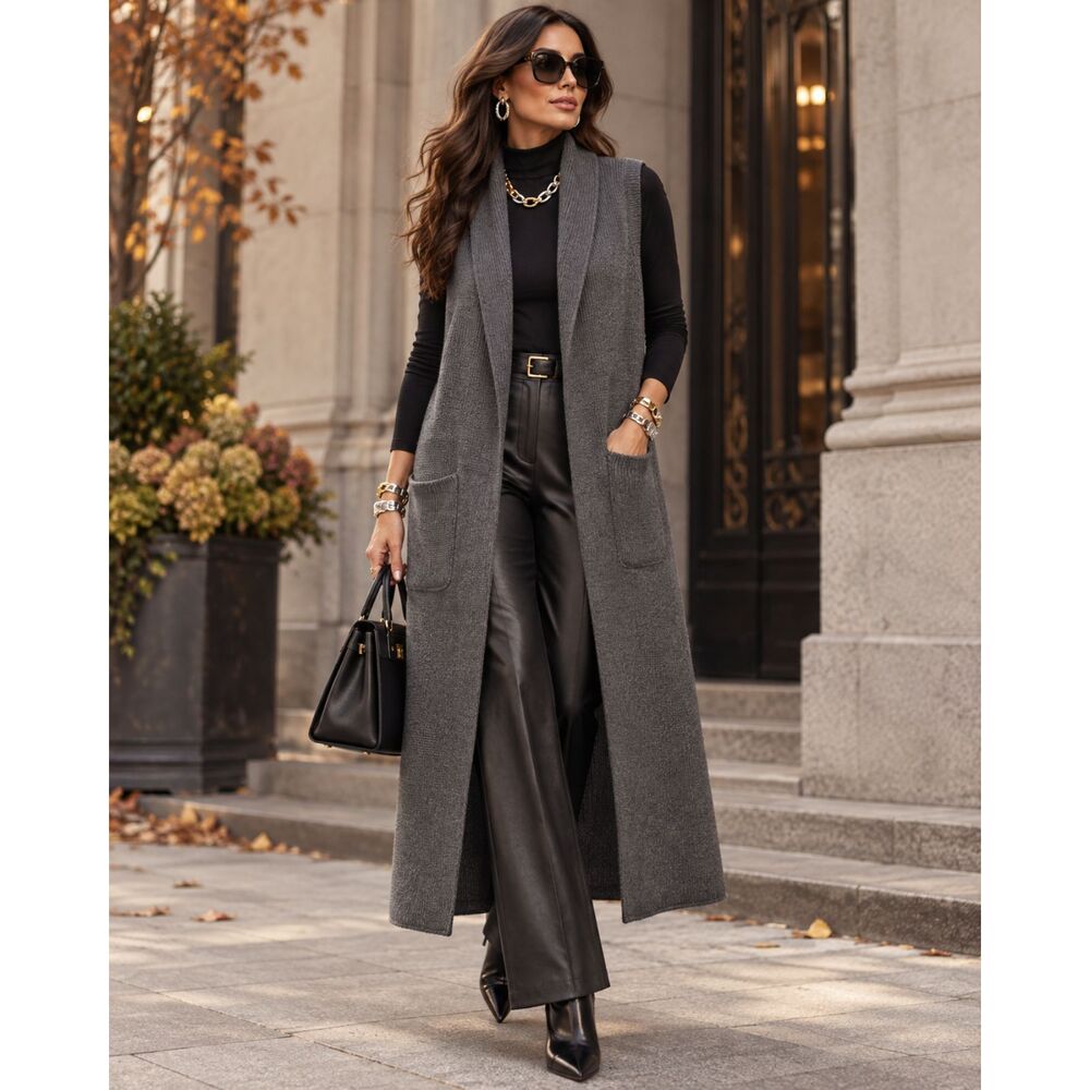 Wilfred Aritzia 100% Merino Wool Long Cardigan Vest Charcoal Gray Duster Small